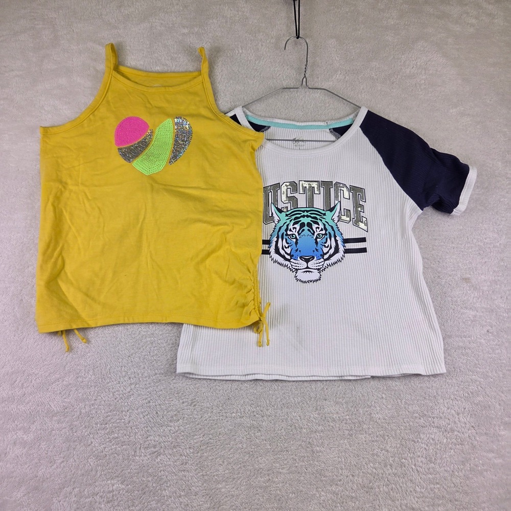 Justice Girls Top Lot Size 10 Yellow Heart Tank & White Tiger Raglan Tee